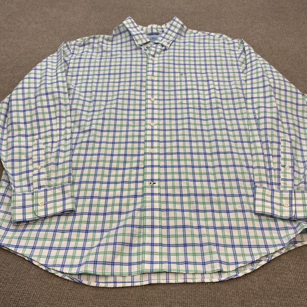 IZOD Shirt Mens 2XL White Blue Green Plaid Long Sleeve Button Down Cotton